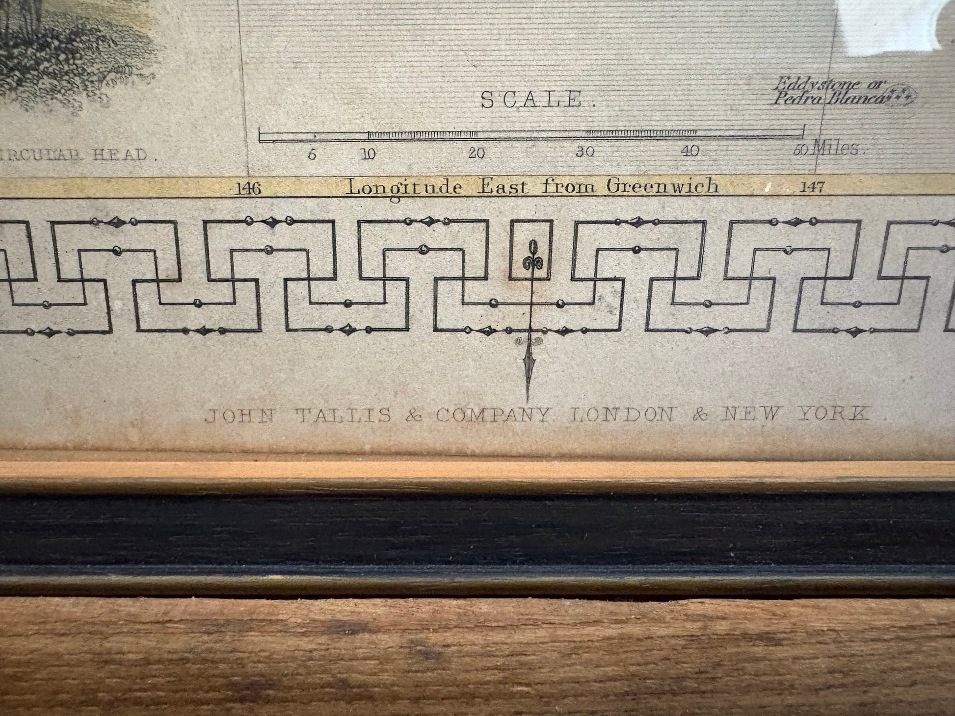 1850s antique map of Tasmania, engraved, hand coloured, Tallis, vintage framed art