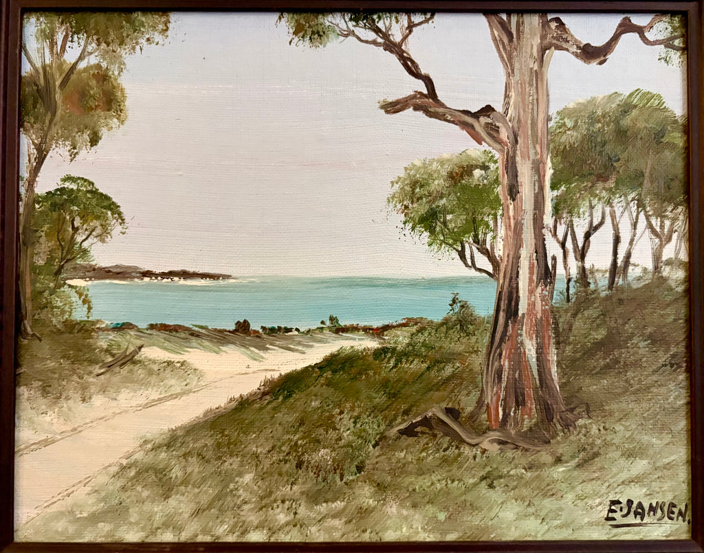 Original Australian landscape painting, vintage framed art, beach