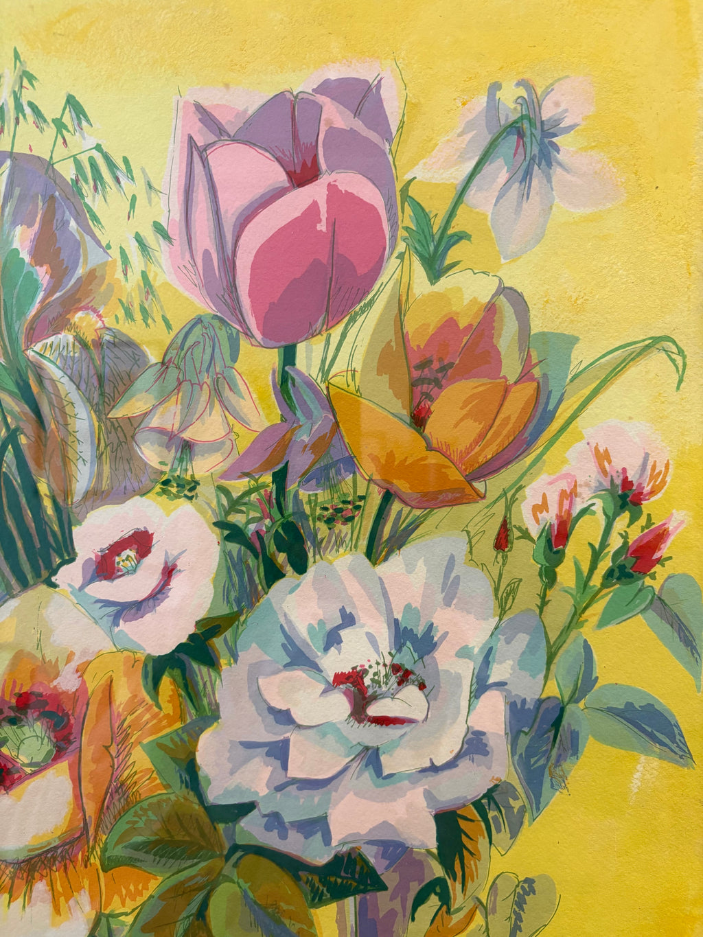 Large limited edition lithographic print, signed, floral bouquet, vintage