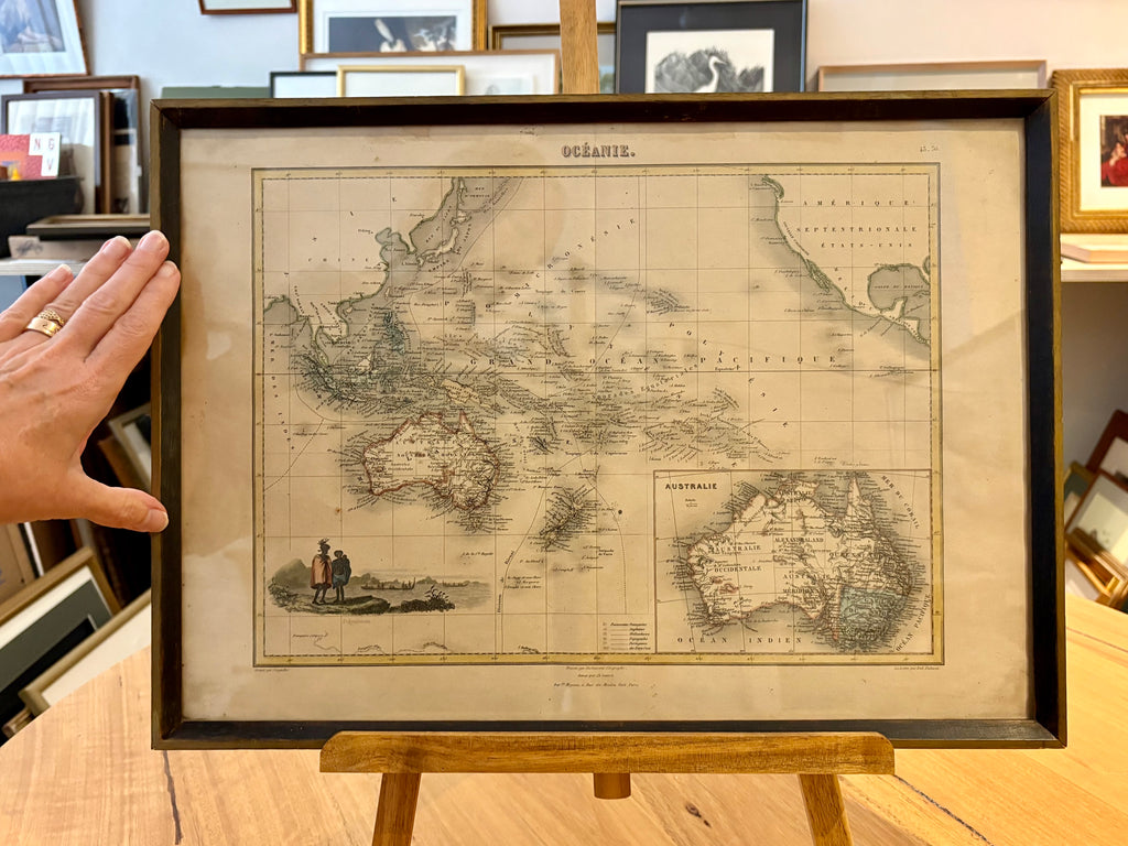1878 antique map of Australia and surrounds, engraved, hand coloured, French, vintage framed