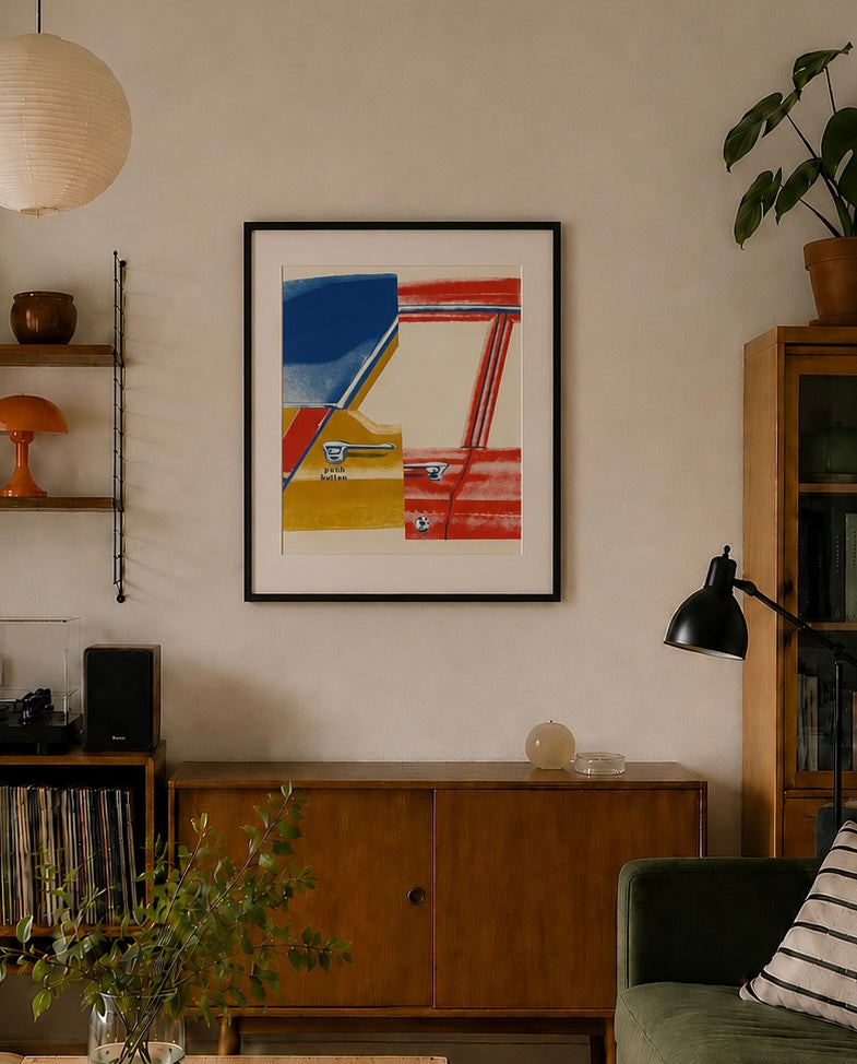 1972 lithograph, Pop Art, German framed vintage art poster, car
