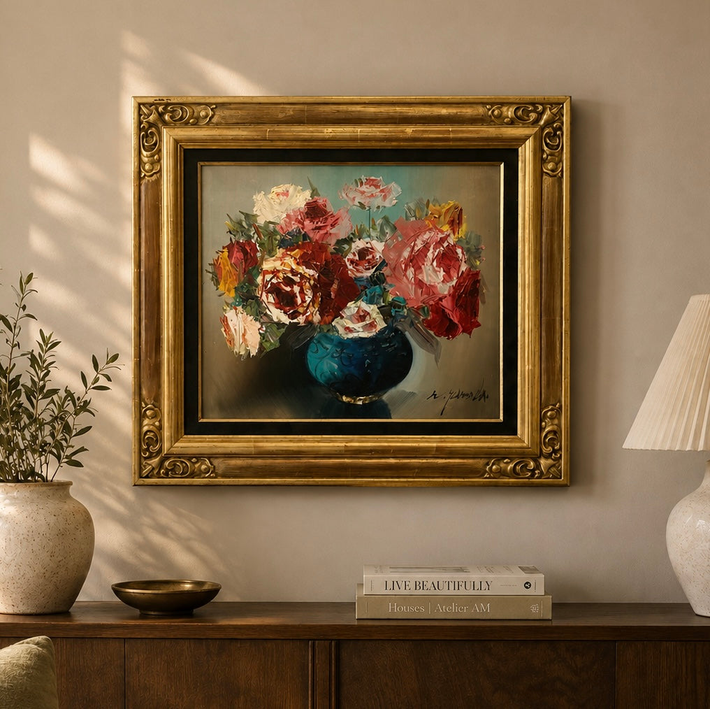 Large vintage original still life floral painting, gilt framed artwork