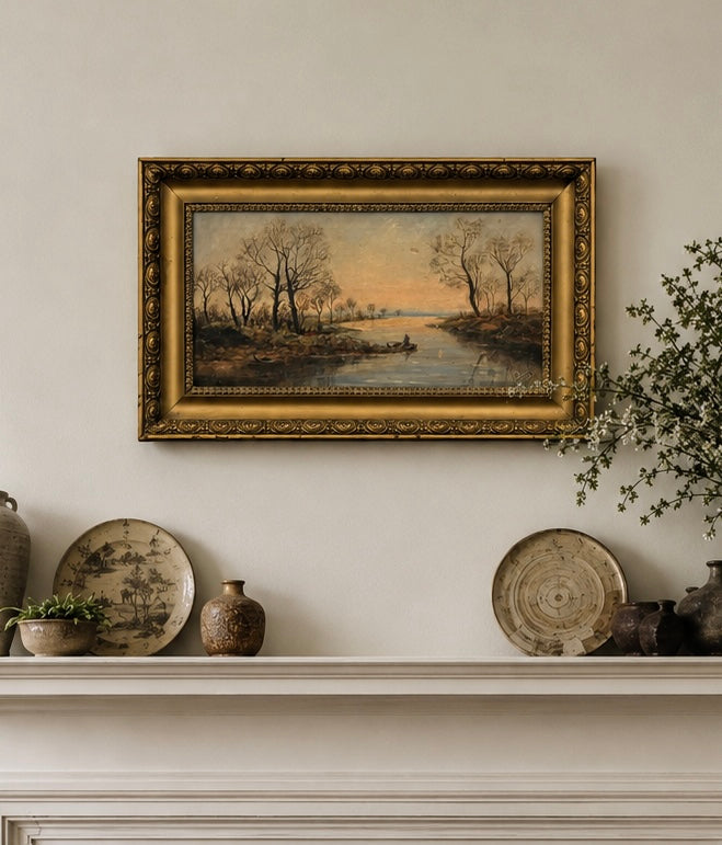 1908 antique original painting, signed, landscape, gilt framed artwork