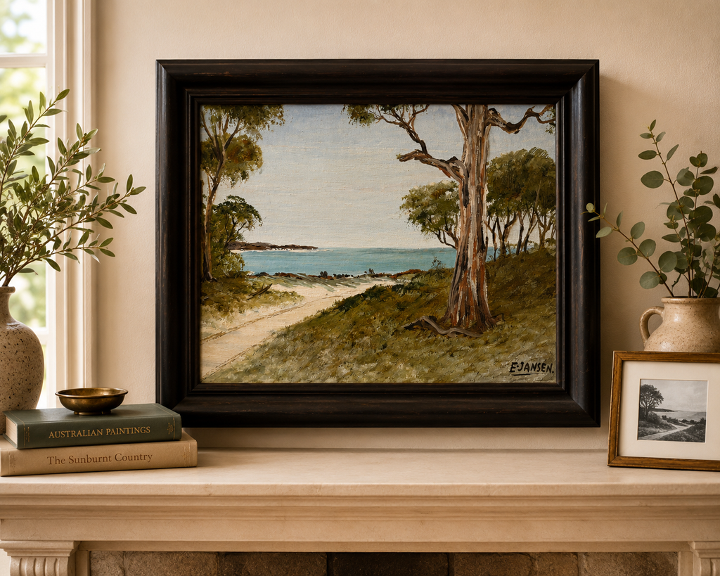 Original Australian landscape painting, vintage framed art, beach