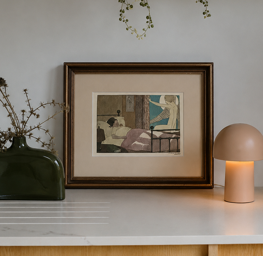 Rare original Art Deco woodblock print, 1911 antique, Maggie Salcedo, French framed art