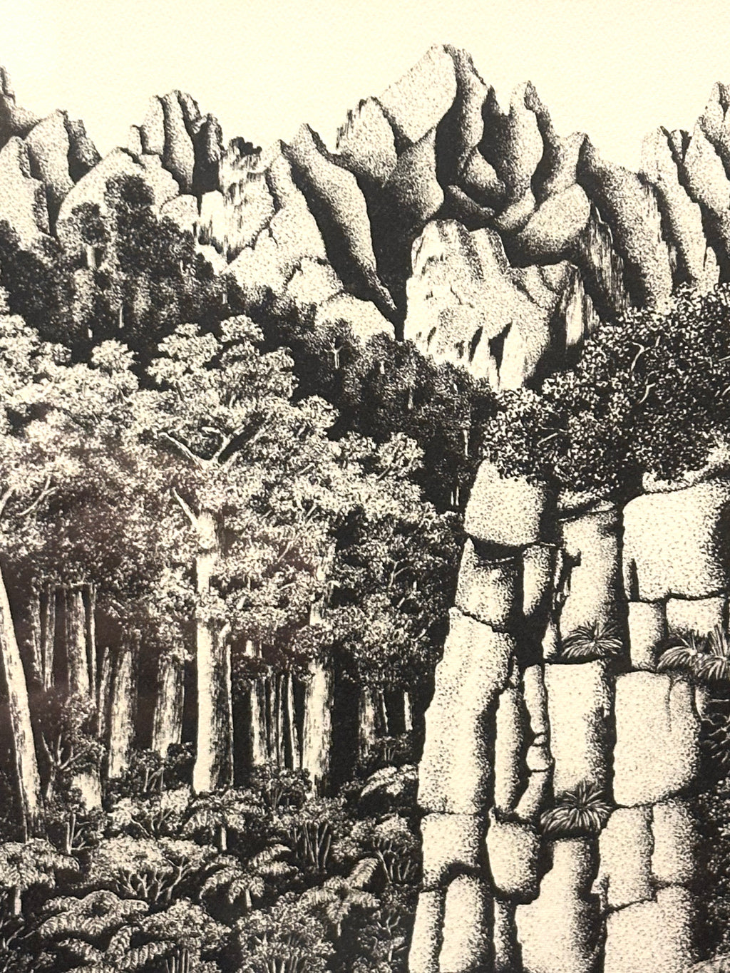 1970s Rei Hamon lithographic print, waterfall, New Zealand, framed vintage art