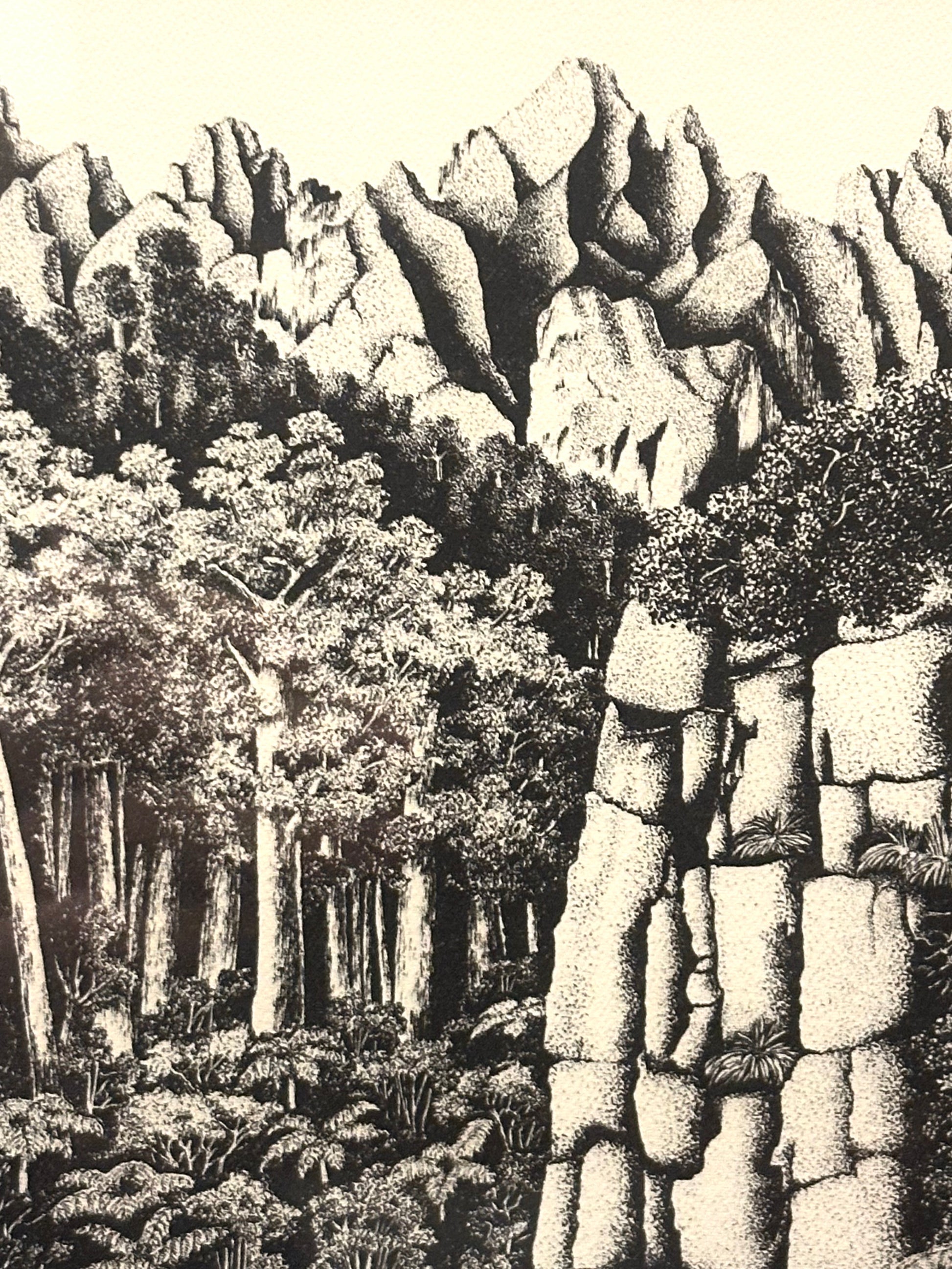 1970s Rei Hamon lithographic print, waterfall, New Zealand, framed vintage art