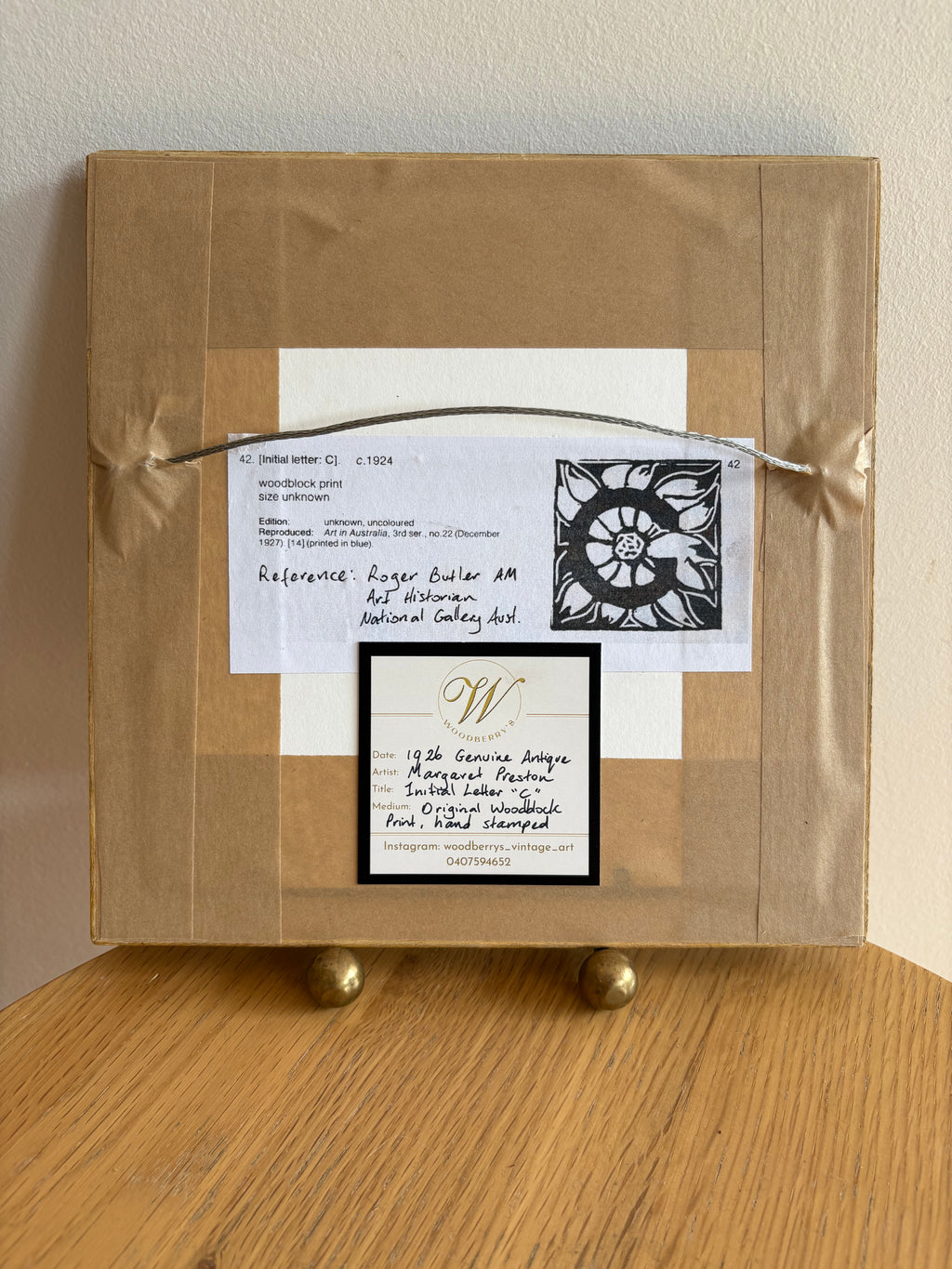 1920s Original Margaret Preston woodblock print, “Letter C”, antique framed art