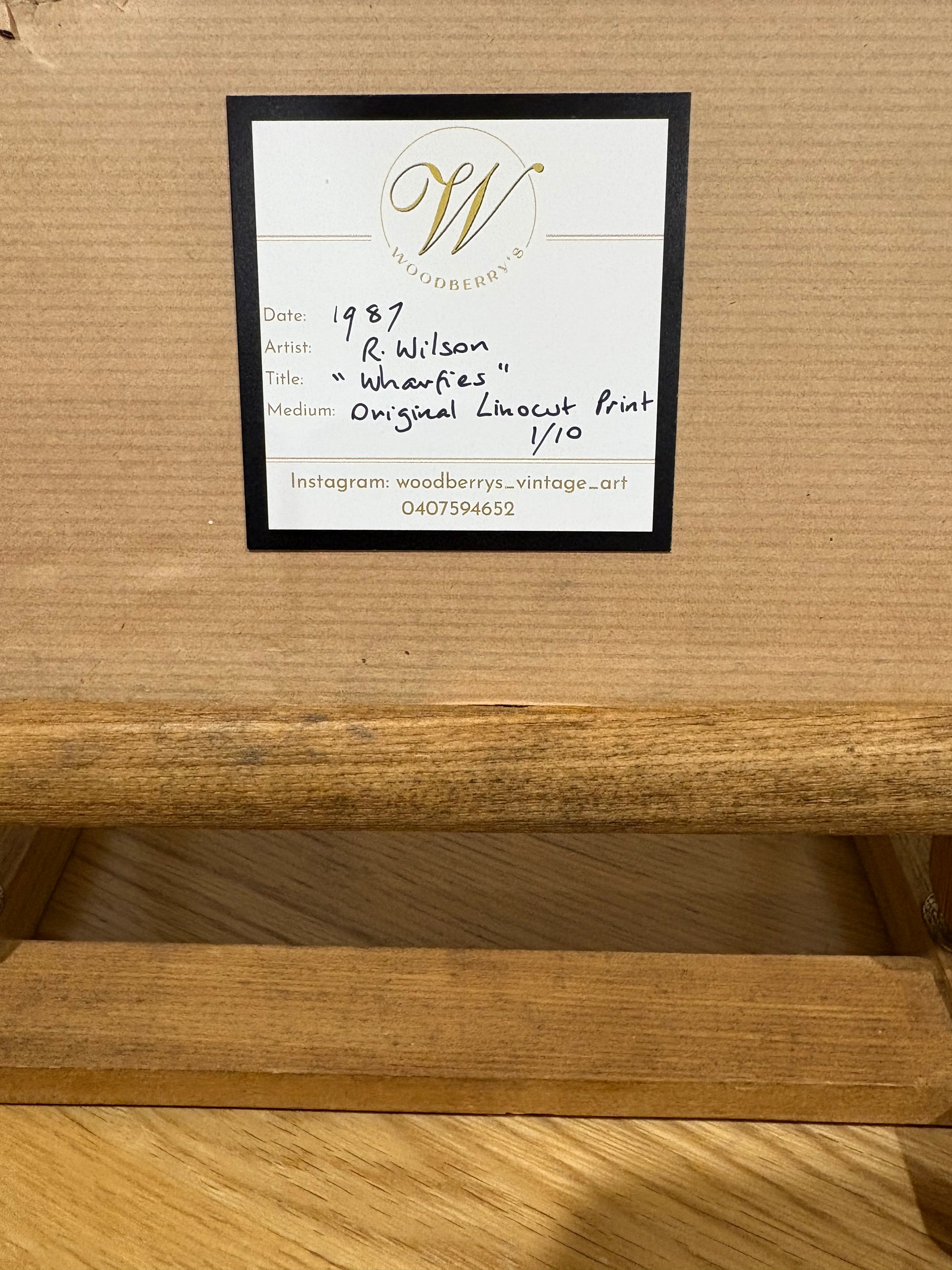 Original vintage lino print, signed R. Wilson, 1987, "The Wharfies", editioned 1/10, retro